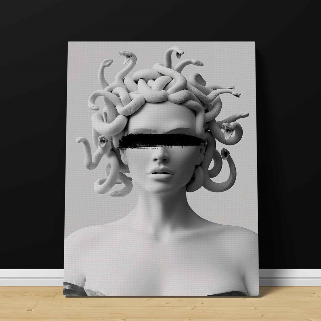 Medusa Print | Canvas wall art print by Wall Nostalgia. Custom Canvas Prints, Made in Calgary, Canada | Large canvas prints, framed canvas prints, medusa art print, medusa wall art, medusa wall hanging, medusa decor, canvas wall art prints canada, trendy wall art prints canada, black and white medusa canvas art print