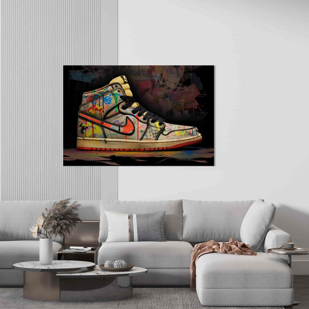 Graffiti Sneaker Canvas Print | Canvas wall art print by Wall Nostalgia. Custom Canvas Prints, Made in Calgary, Canada | Large canvas prints, canvas prints, graffiti wall art canvas, graffiti canvas art, sneaker canvas art, sneaker canvas painting, sneaker art prints, sneaker wall art, sneakerhead gifts, air jordans