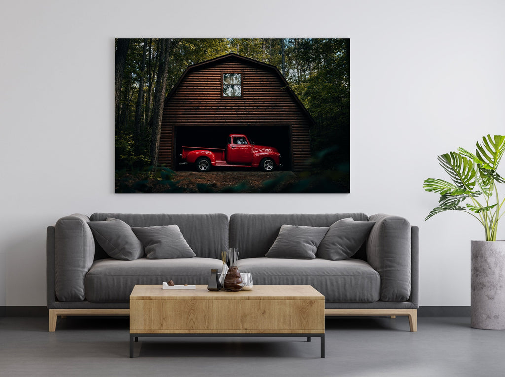 Red Vintage Truck Print | Canvas wall art print by Wall Nostalgia. FREE SHIPPING on all orders. Custom Canvas Print, Made in Calgary, Canada, Large canvas prints, Vintage Truck Print Canvas Wall Art, Canvas print, Vintage truck art, Old truck wall art, Old red truck, Red vintage truck print, truck art, custom truck art