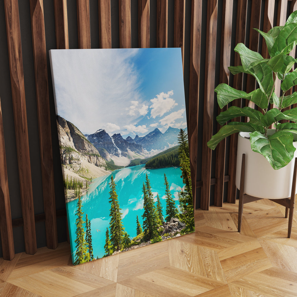 Moraine Lake Mountain Print | Canvas wall art print by Wall Nostalgia. FREE SHIPPING on all orders. Custom Canvas Prints, Made in Calgary, Canada | Large canvas prints, framed canvas prints, Banff canvas print | Banff print, Banff art, Banff wall art, Banff painting, Canvas wall art, Mountain print, Mountain lake print