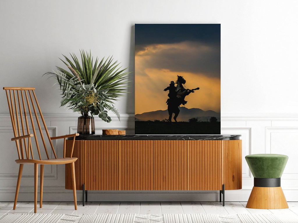 Horseback Rider Print | Canvas wall art print by Wall Nostalgia. FREE SHIPPING on all orders. Custom Canvas Prints, Made in Calgary, Canada | Large canvas prints, framed canvas prints, Horseback Rider Print, Canvas wall art print, Cowboy Print, Horse Print, Cowboy Canvas, Cowboy wall art, Horse riding print, Bronco wall art