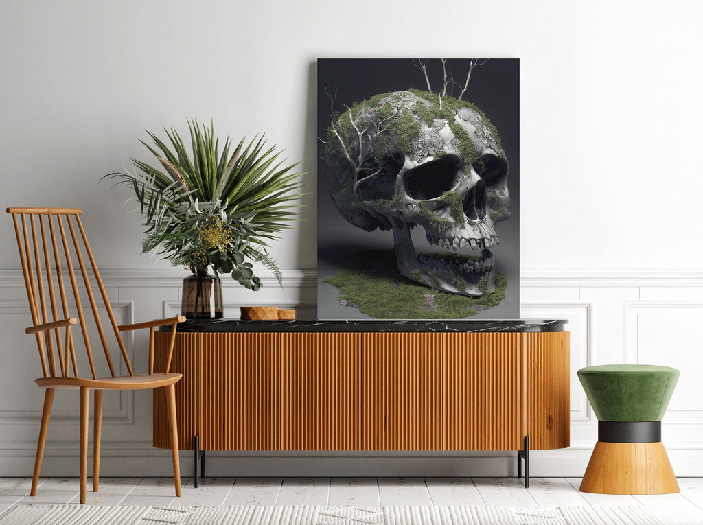 Mossy Skull Print | Canvas wall art print by Wall Nostalgia. FREE SHIPPING on all orders. Custom Canvas Prints, Made in Calgary, Canada | Large canvas prints, framed canvas prints, Skull Canvas Print, Canvas Wall Art, Skull Print, Skull Wall Art, Skull Art Print, Skull Canvas Wall Art, Skull Picture, Skull Flower Print