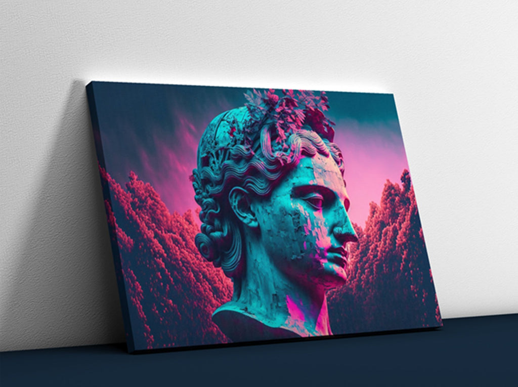 Neon Vaporwave Statue Print | Canvas wall art print by Wall Nostalgia. FREE SHIPPING on all orders. Custom Canvas Prints, Made in Calgary, Canada, Large canvas prints, framed canvas prints, Greek statue art print, Canvas wall art print, vaporwave print, greek god print, greek print, pop art wall art, cyberpunk wall art
