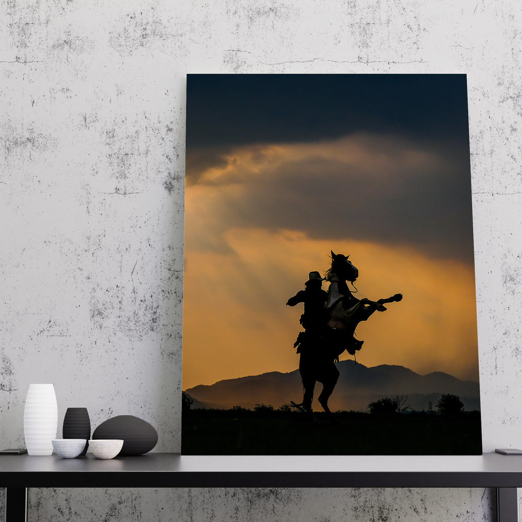 Horseback Rider Print | Canvas wall art print by Wall Nostalgia. FREE SHIPPING on all orders. Custom Canvas Prints, Made in Calgary, Canada | Large canvas prints, framed canvas prints, Horseback Rider Print, Canvas wall art print, Cowboy Print, Horse Print, Cowboy Canvas, Cowboy wall art, Horse riding print, Bronco wall art