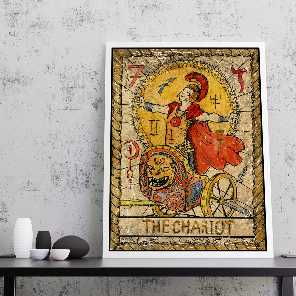 The Chariot Tarot Card Print | Canvas wall art print by Wall Nostalgia. FREE SHIPPING on all orders. Custom canvas art prints, Made in Calgary, Canada | Large canvas prints, framed canvas prints, The Chariot Tarot Card | Tarot Print, Tarot Card Print, Tarot Card Art Print, Tarot Card Wall Art, Tarot Card Chariot Art