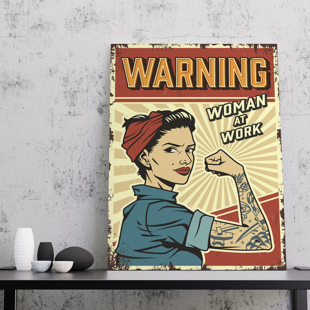 Vintage Sign Warning Woman at Work Canvas Print | Canvas wall art prints by Wall Nostalgia. FREE SHIPPING on all orders. Custom Canvas Prints, Made in Calgary, Canada | Large canvas prints, Woman at Work, Vintage Canvas Print, Warning Sign, Women at Work Print, Feminist Art Print, Feminist Wall Print Art, Vintage Sign