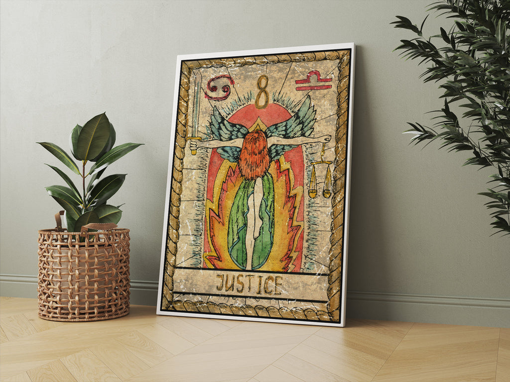 Justice Tarot Card Print | Canvas wall art print by Wall Nostalgia. FREE SHIPPING on all orders. Custom Canvas Prints, Made in Calgary, Canada | Large canvas prints, canvas prints, Tarot Card Print Canvas Wall Art, Tarot Card Justice, Tarot Cards Print, Tarot print, Tarot Card Wall Print, Tarot Card Wall Art, Tarot art