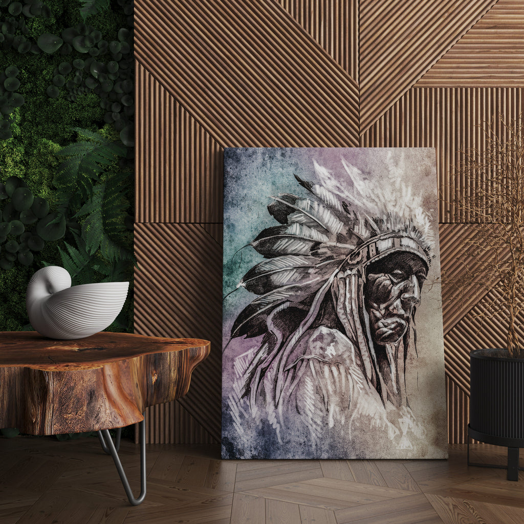 Native American Chief Print | Canvas wall art print by Wall Nostalgia. FREE SHIPPING on all orders. Custom Canvas Prints, Made in Calgary, Canada, Large canvas prints, Native american print | Canvas print wall art, Native american canvas, Native art print, Native american art, Chief print, Native American Art Prints