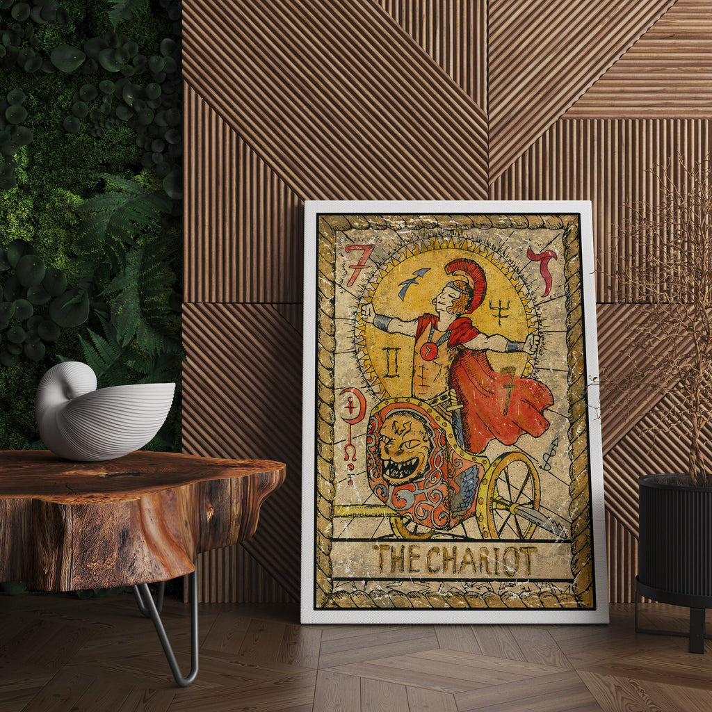 The Chariot Tarot Card Print | Canvas wall art print by Wall Nostalgia. FREE SHIPPING on all orders. Custom canvas art prints, Made in Calgary, Canada | Large canvas prints, framed canvas prints, The Chariot Tarot Card | Tarot Print, Tarot Card Print, Tarot Card Art Print, Tarot Card Wall Art, Tarot Card Chariot Art