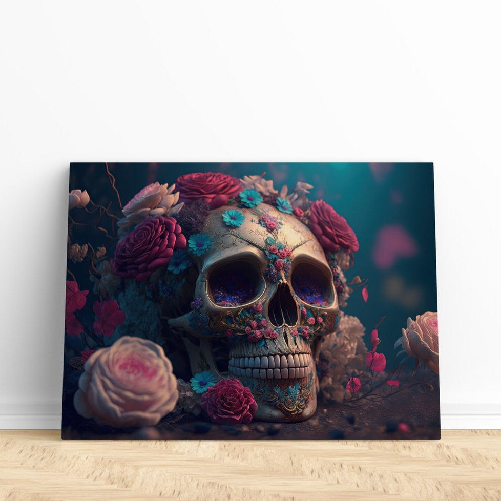 Sugar Skull Print | Canvas wall art print by Wall Nostalgia. FREE SHIPPING on all orders. Custom Canvas Prints, Made in Calgary, Canada | Large canvas prints, framed canvas prints, Sugar skull print |  Sugar skull art, Sugar skull canvas wall art or rolled canvas art, Skull flower print, Calavera skull, Skull art decor