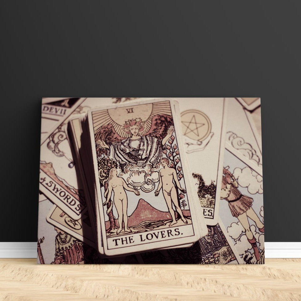 The Lovers Tarot Card Print | Canvas wall art print by Wall Nostalgia. FREE SHIPPING on all orders. Custom Canvas Prints, Made in Calgary, Canada | Large canvas prints, Tarot print, Tarot card print, tarot cards print, Tarot poster, Tarot card canvas wall art, canvas print, tarot the lovers, tarot card art