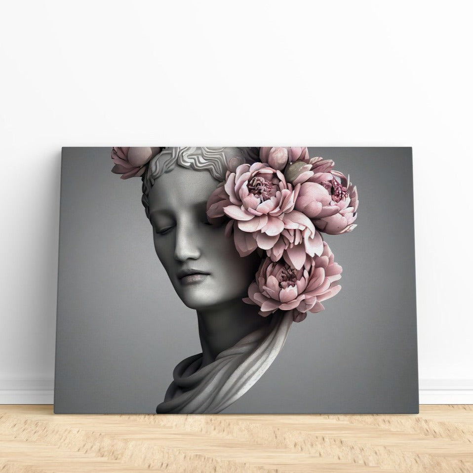 Greek Statue Print | Canvas wall art print by Wall Nostalgia. FREE SHIPPING on all orders. Custom Canvas Prints, Made in Calgary, Canada, Large canvas prints, framed canvas prints, Greek statue art print, Marble statue art print, Greek print, Greek statue print, Greek goddess print, Woman flower head print, Flower head