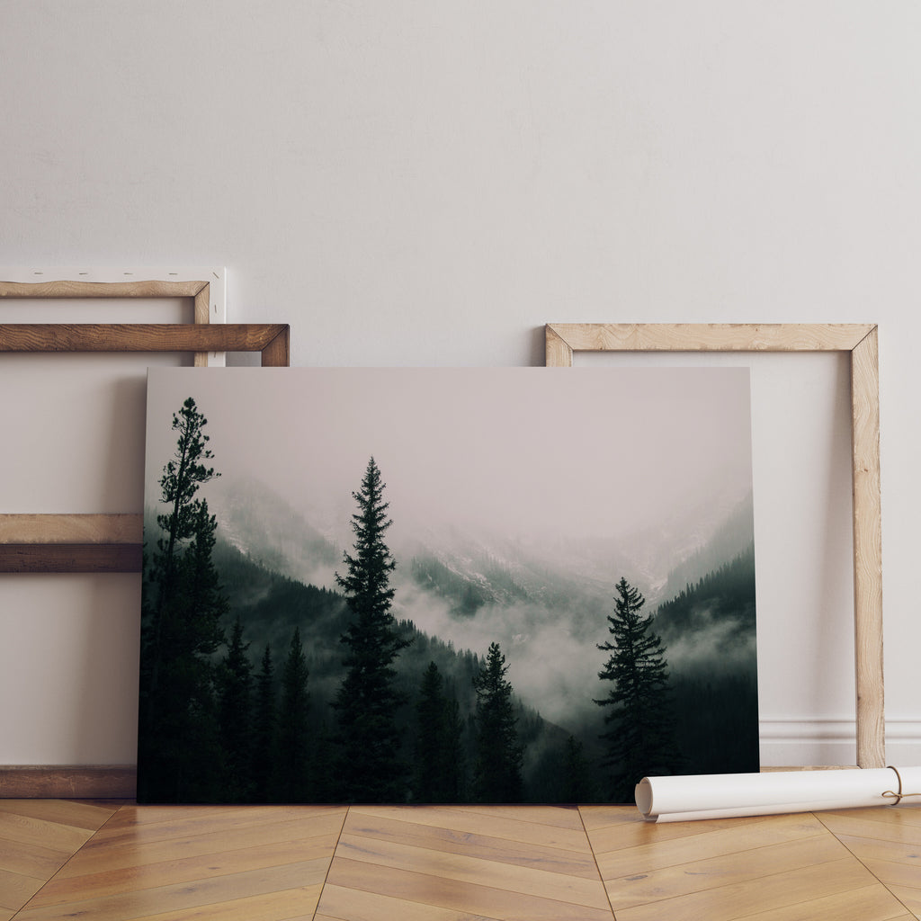 Foggy Mountain Forest Canvas Print | Canvas wall art print by Wall Nostalgia. FREE SHIPPING on all orders. Custom Canvas Art Prints, Made in Calgary, Canada | Large canvas Prints, Framed canvas prints, Foggy Forest Print, Canvas art print, Large canvas art, Foggy forest canvas, Foggy Forest Wall Art, Foggy Mountain Art