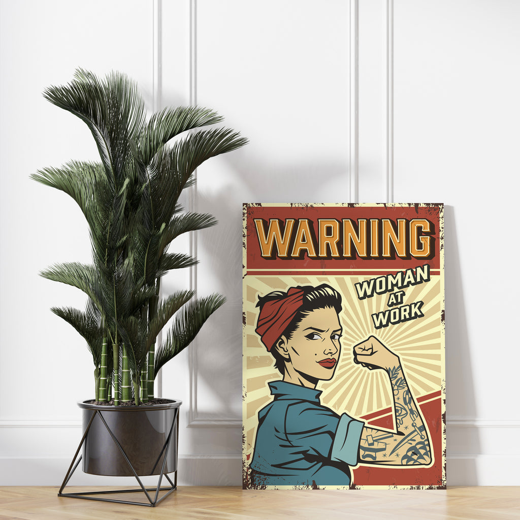 Vintage Sign Warning Woman at Work Canvas Print | Canvas wall art prints by Wall Nostalgia. FREE SHIPPING on all orders. Custom Canvas Prints, Made in Calgary, Canada | Large canvas prints, Woman at Work, Vintage Canvas Print, Warning Sign, Women at Work Print, Feminist Art Print, Feminist Wall Print Art, Vintage Sign