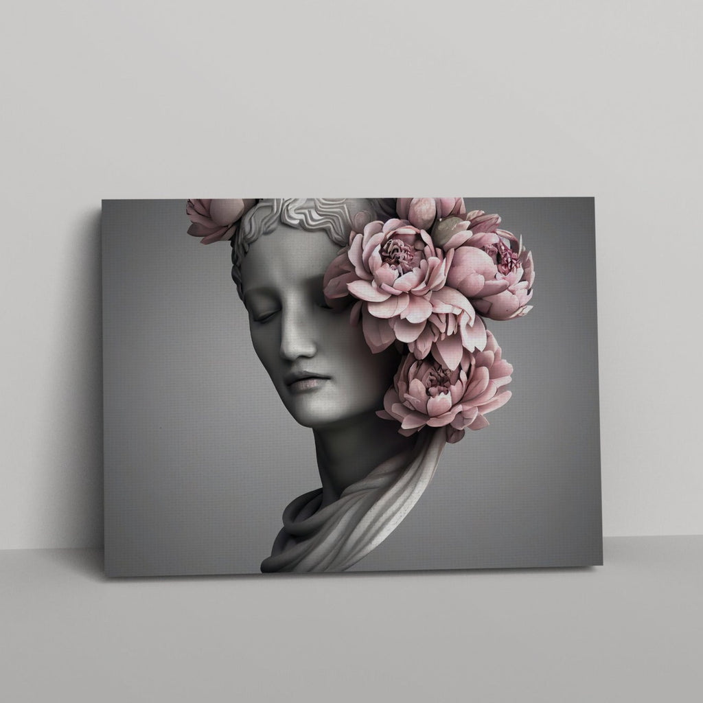 Greek Statue Print | Canvas wall art print by Wall Nostalgia. FREE SHIPPING on all orders. Custom Canvas Prints, Made in Calgary, Canada, Large canvas prints, framed canvas prints, Greek statue art print, Marble statue art print, Greek print, Greek statue print, Greek goddess print, Woman flower head print, Flower head