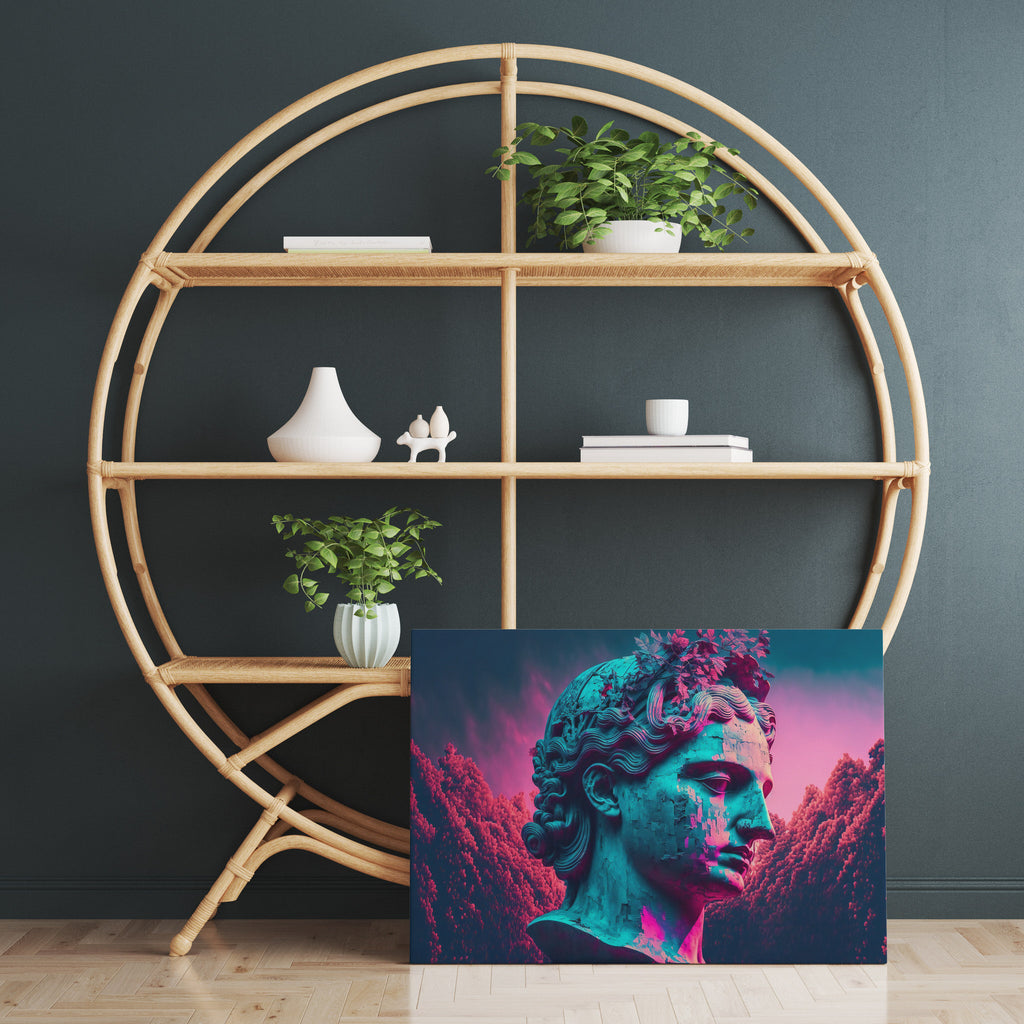 Neon Vaporwave Statue Print | Canvas wall art print by Wall Nostalgia. FREE SHIPPING on all orders. Custom Canvas Prints, Made in Calgary, Canada, Large canvas prints, framed canvas prints, Greek statue art print, Canvas wall art print, vaporwave print, greek god print, greek print, pop art wall art, cyberpunk wall art