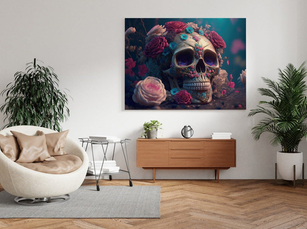 Sugar Skull Print | Canvas wall art print by Wall Nostalgia. FREE SHIPPING on all orders. Custom Canvas Prints, Made in Calgary, Canada | Large canvas prints, framed canvas prints, Sugar skull print |  Sugar skull art, Sugar skull canvas wall art or rolled canvas art, Skull flower print, Calavera skull, Skull art decor