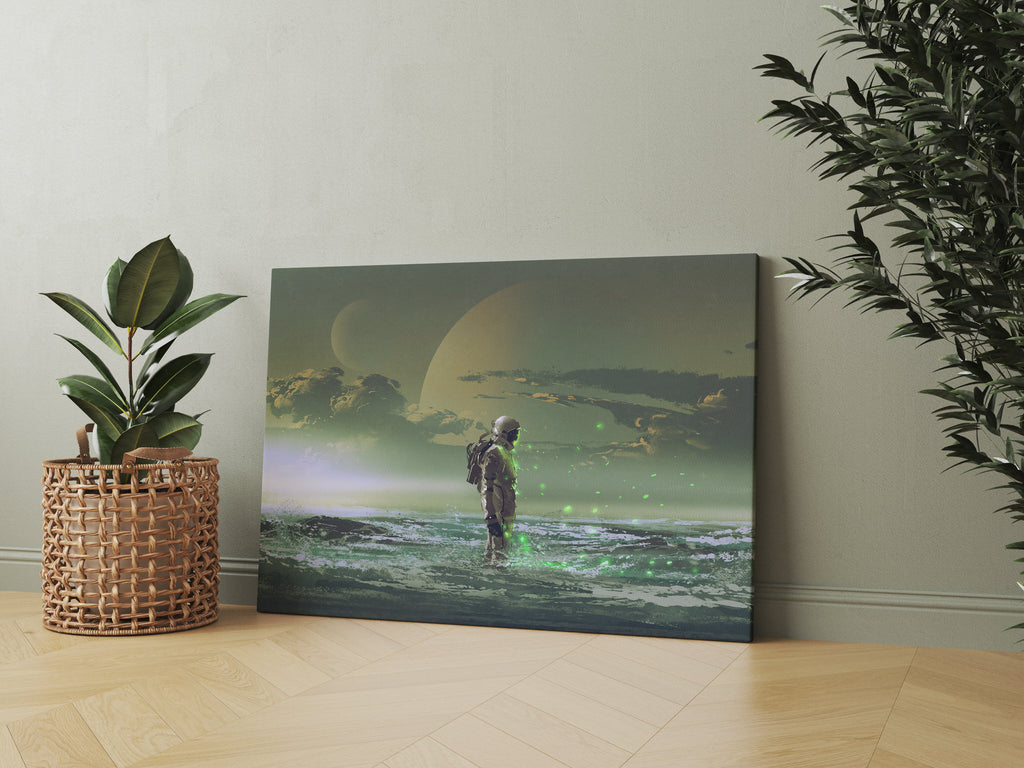 Green Galaxy Astronaut Print | Astronaut Canvas wall art print by Wall Nostalgia. FREE SHIPPING on all orders. Custom Canvas Prints, Made in Calgary, Canada, Large canvas print, framed canvas prints, Astronaut Print Canvas Wall Art, Space print, Space wall art, Astronaut wall art, Astronaut canvas, Astronaut wall decor