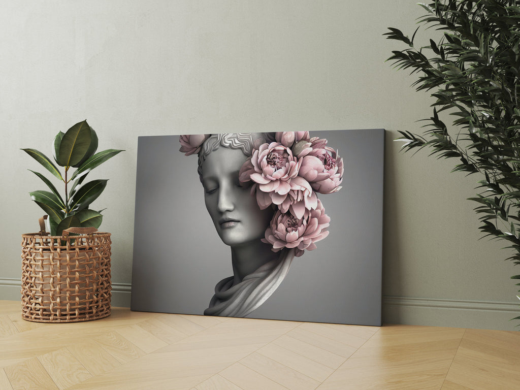 Greek Statue Print | Canvas wall art print by Wall Nostalgia. FREE SHIPPING on all orders. Custom Canvas Prints, Made in Calgary, Canada, Large canvas prints, framed canvas prints, Greek statue art print, Marble statue art print, Greek print, Greek statue print, Greek goddess print, Woman flower head print, Flower head