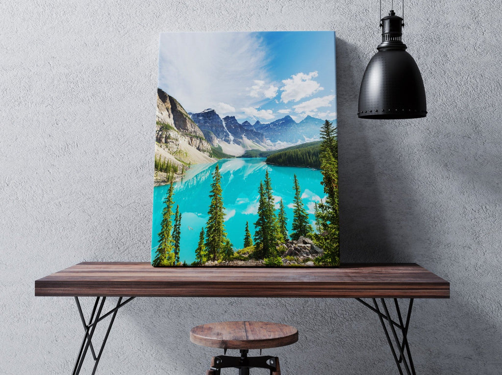 Moraine Lake Mountain Print | Canvas wall art print by Wall Nostalgia. FREE SHIPPING on all orders. Custom Canvas Prints, Made in Calgary, Canada | Large canvas prints, framed canvas prints, Banff canvas print | Banff print, Banff art, Banff wall art, Banff painting, Canvas wall art, Mountain print, Mountain lake print