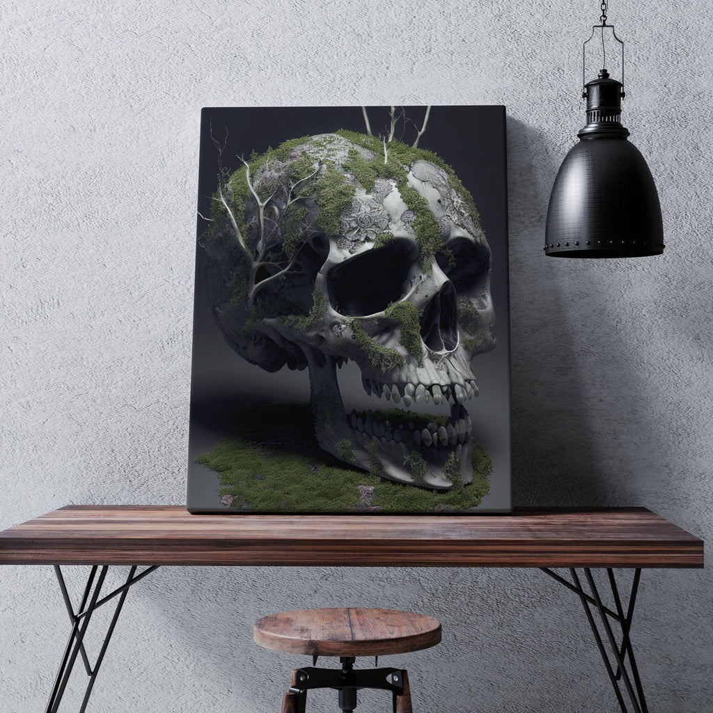 Mossy Skull Print | Canvas wall art print by Wall Nostalgia. FREE SHIPPING on all orders. Custom Canvas Prints, Made in Calgary, Canada | Large canvas prints, framed canvas prints, Skull Canvas Print, Canvas Wall Art, Skull Print, Skull Wall Art, Skull Art Print, Skull Canvas Wall Art, Skull Picture, Skull Flower Print