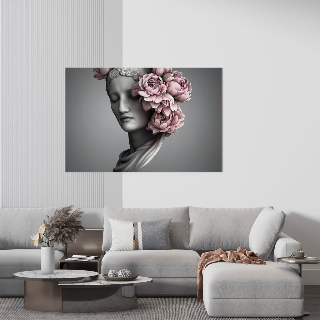 Greek Statue Print | Canvas wall art print by Wall Nostalgia. FREE SHIPPING on all orders. Custom Canvas Prints, Made in Calgary, Canada, Large canvas prints, framed canvas prints, Greek statue art print, Marble statue art print, Greek print, Greek statue print, Greek goddess print, Woman flower head print, Flower head